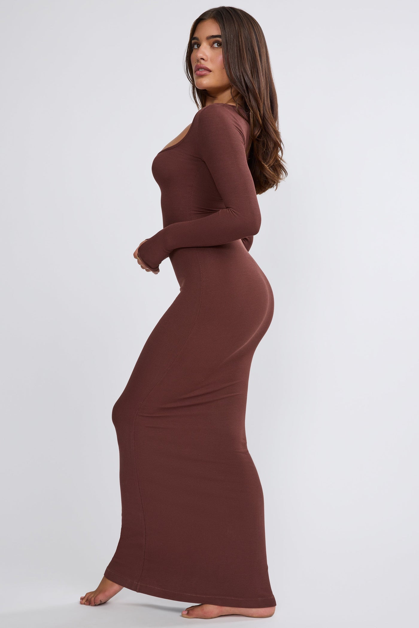 Ribbed Modal Long Sleeve Maxi Dress in Chocolate