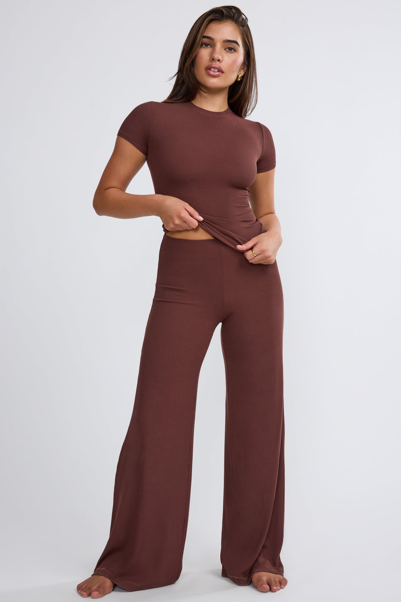 Mid Rise Wide Leg Trouser in Chocolate