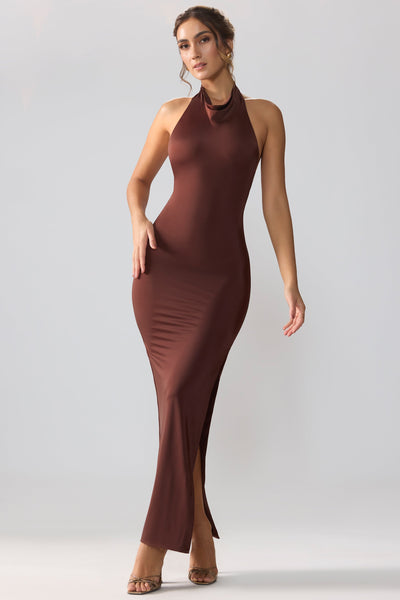 Premium Jersey Cowl Neck Backless Maxi Dress in Espresso