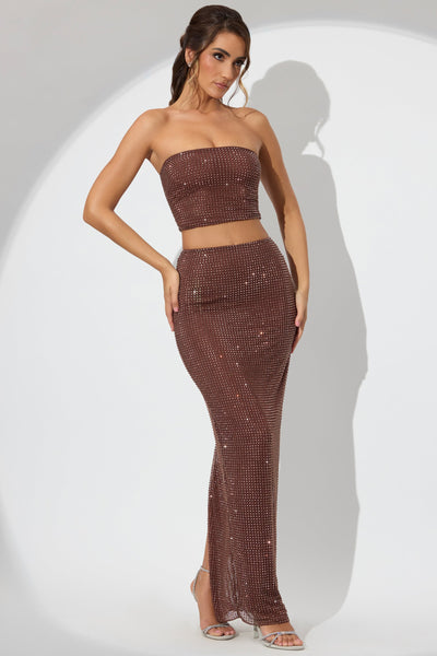 Embellished Mid Rise Maxi Skirt in Espresso