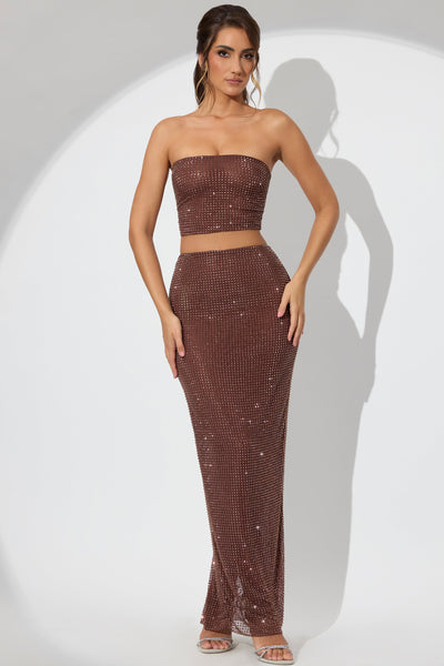 Embellished Mid Rise Maxi Skirt in Espresso