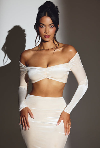 Velvet Off The Shoulder Ruched Crop Top in Ivory