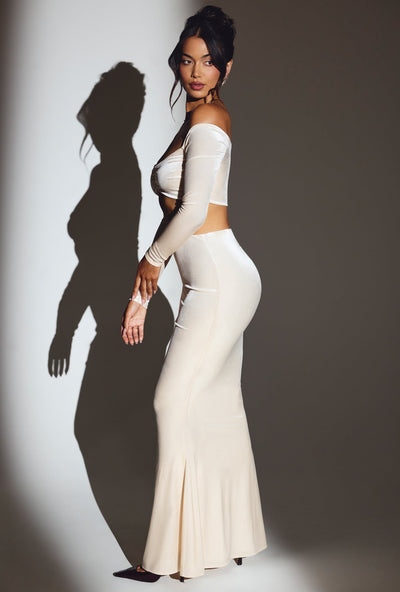 Velvet Mid-Rise Maxi Skirt in Ivory