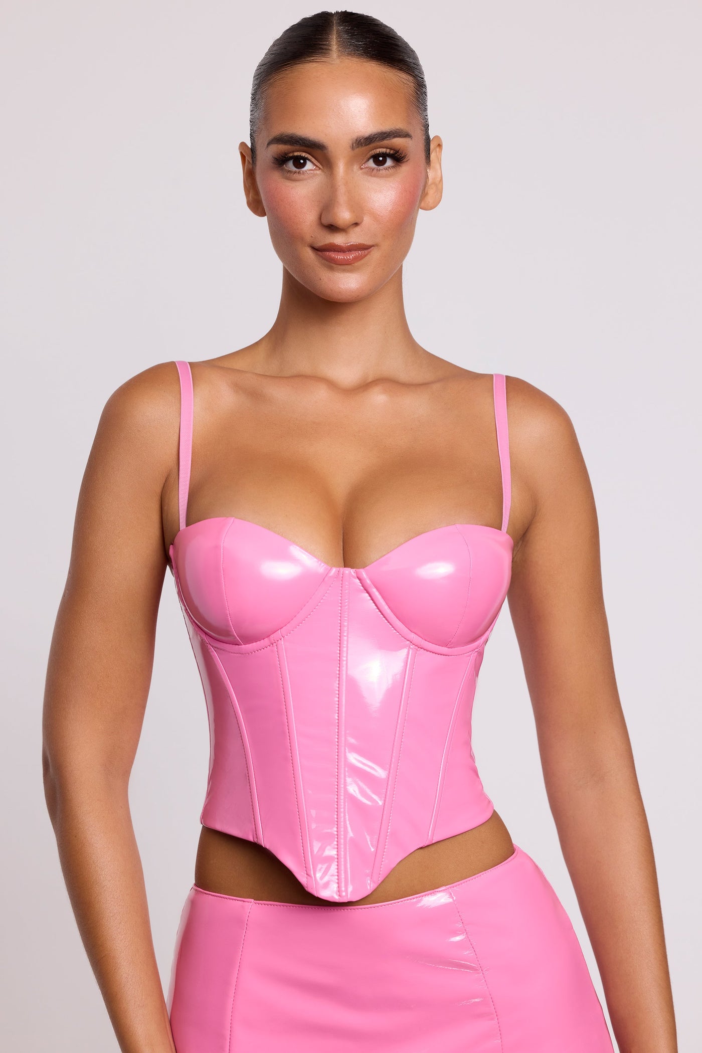 Vinyl Underwired Corset Crop Top in Pink