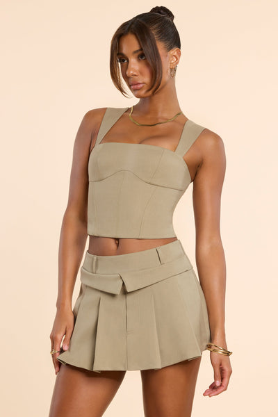 Brushed Twill Mid Rise Pleated Micro Mini Skirt in Taupe