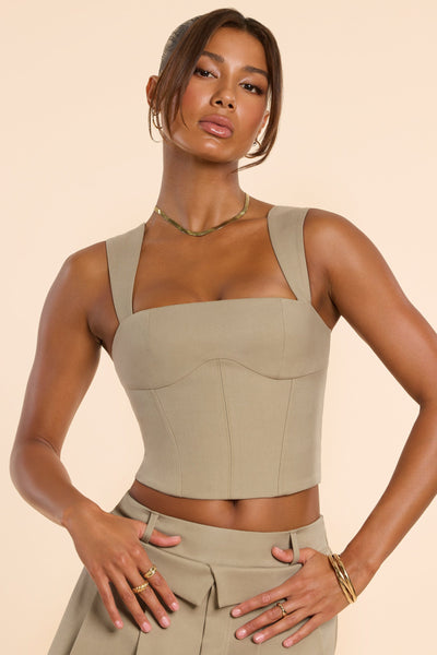 Brushed Twill Square Neck Tailored Top in Taupe