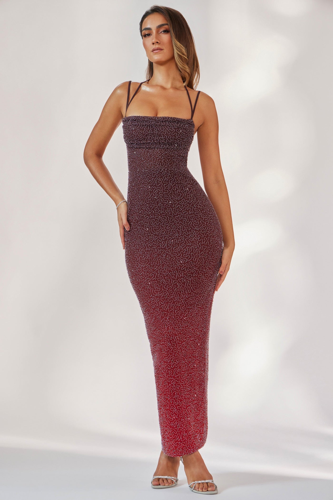 Embellished Maxi Dress in Red/Brown Ombré