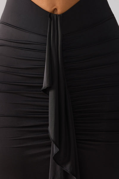 Slinky Jersey Cut Out Ruffle Racerback Maxi Dress in Black