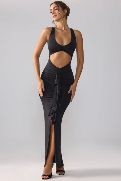 Slinky Jersey Cut Out Ruffle Racerback Maxi Dress in Black