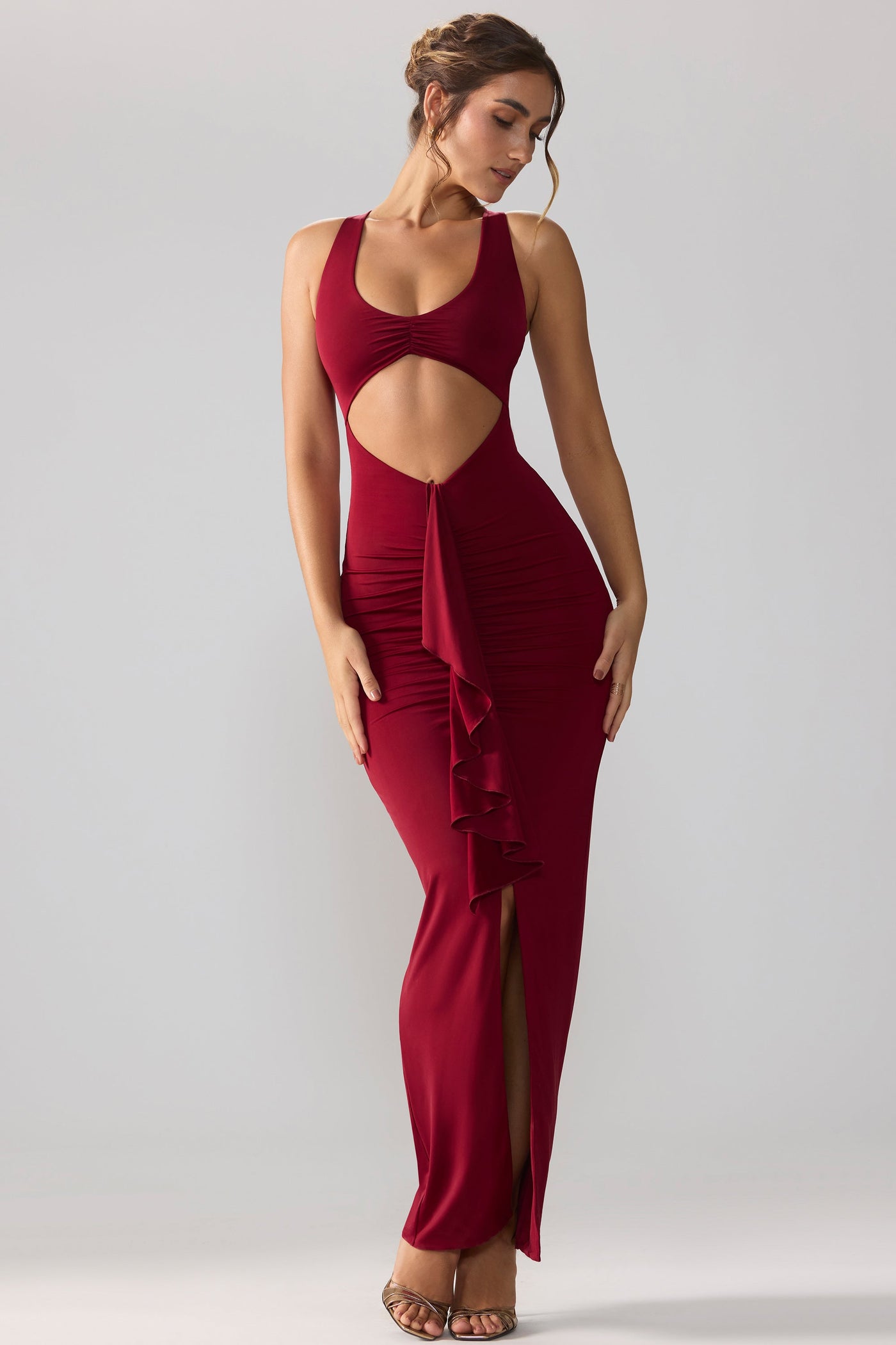 Slinky Jersey Cut Out Ruffle Racerback Maxi Dress in Ruby