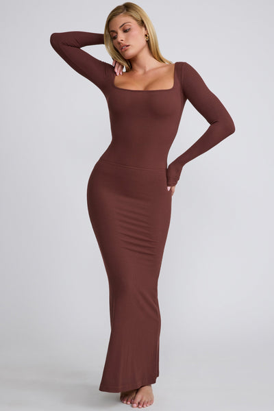 Ribbed Modal Mid Rise Maxi Skirt in Chocolate