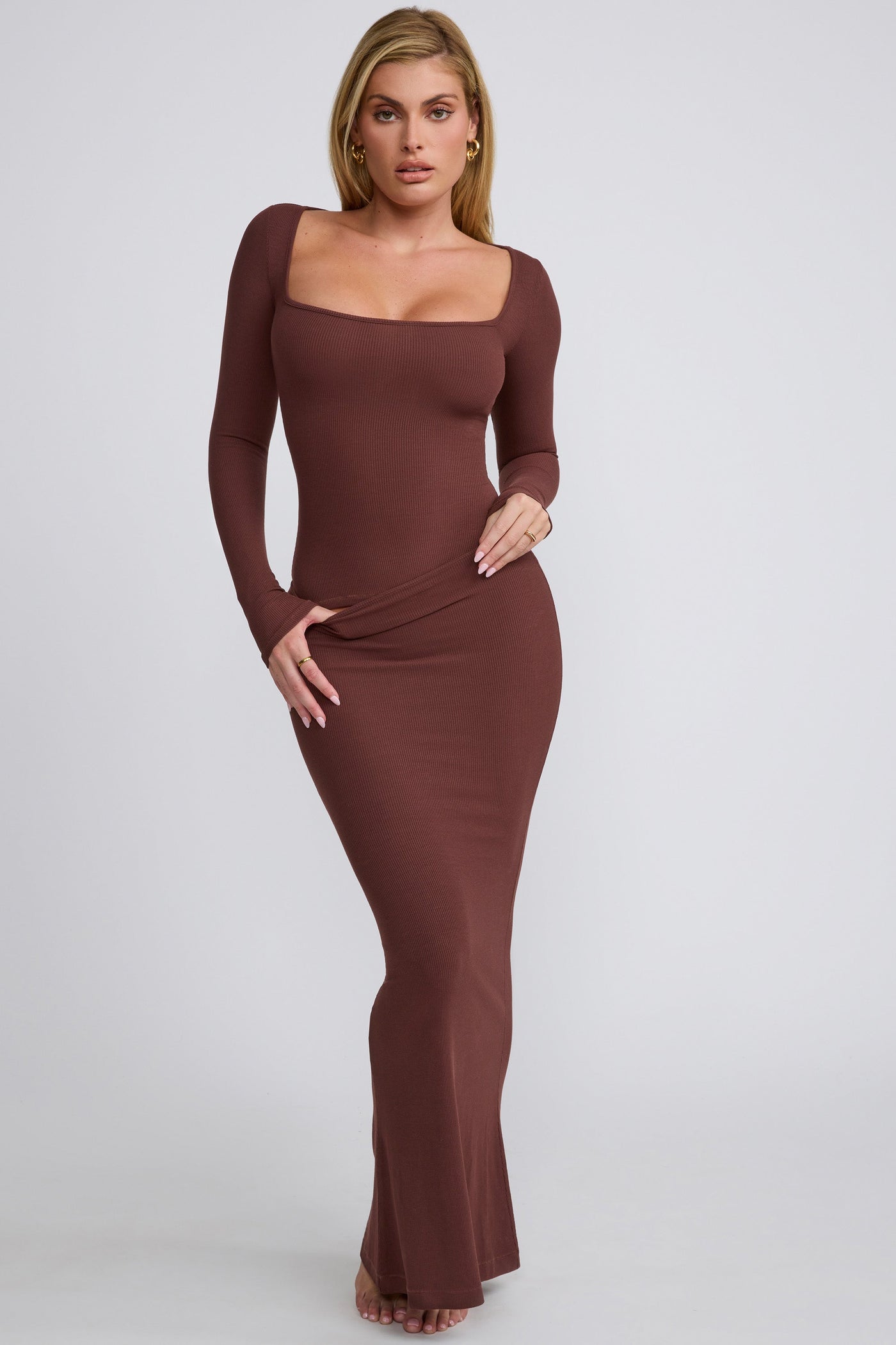 Ribbed Modal  Long Sleeve Top in Chocolate