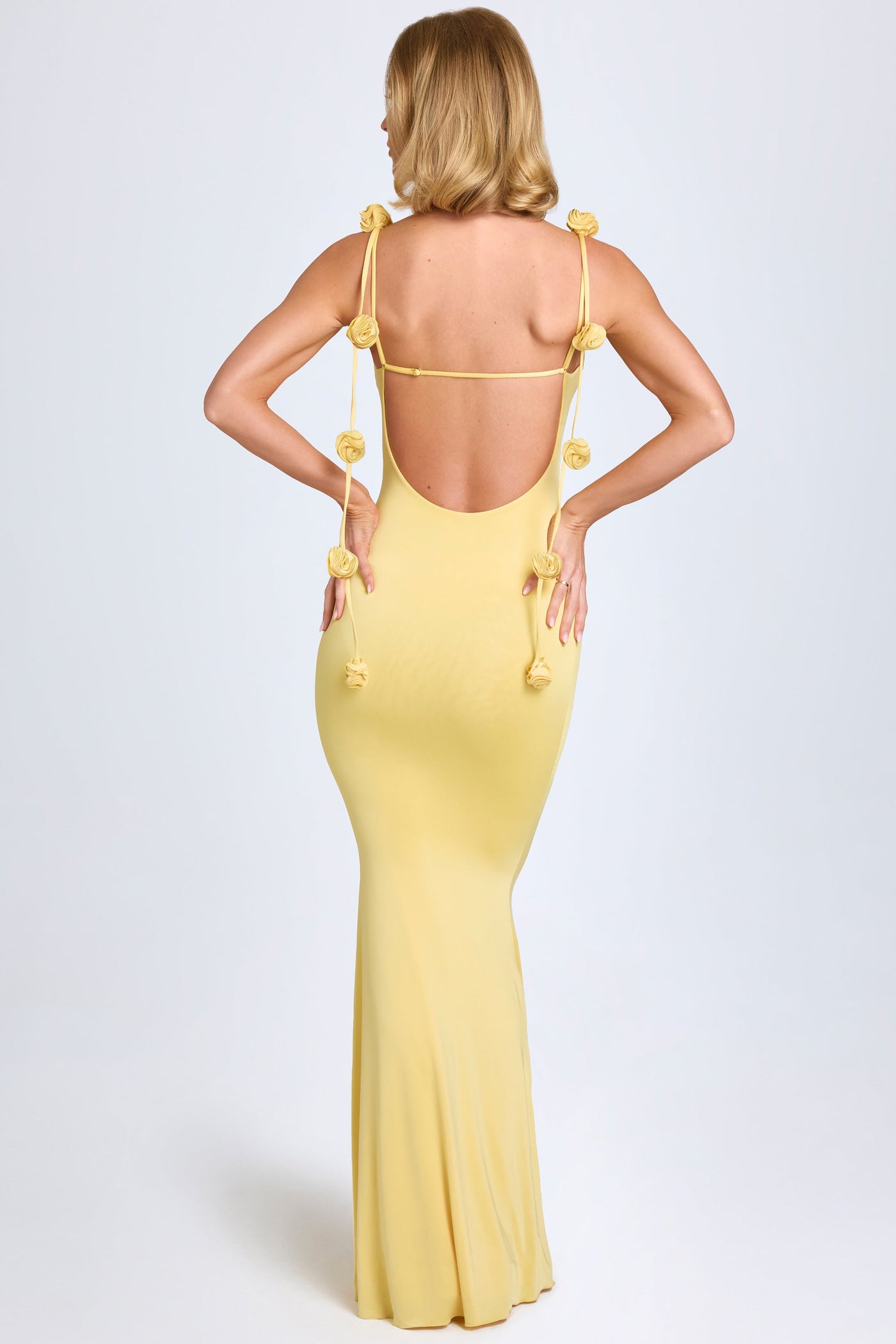 Slinky Jersey Floral-Appliqué Gown in Pastel Yellow