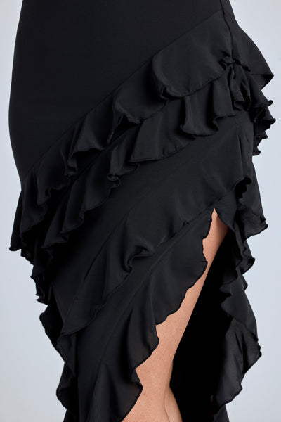 Panelled Ruffle Evening Gown in Black