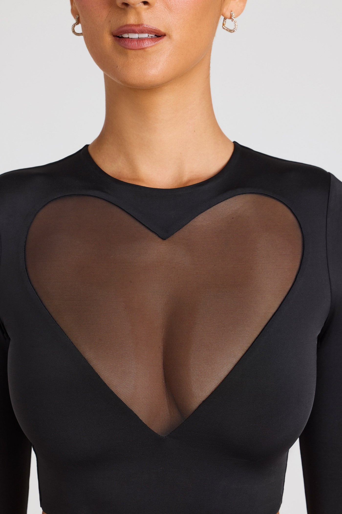 Sheer Panelled Long Sleeve Crop Top in Black