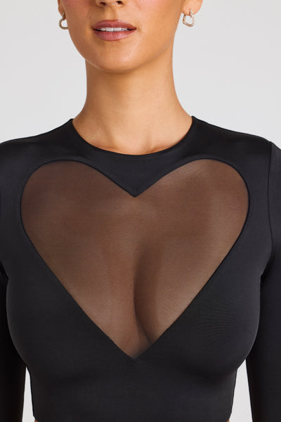 Sheer Panelled Long Sleeve Crop Top in Black