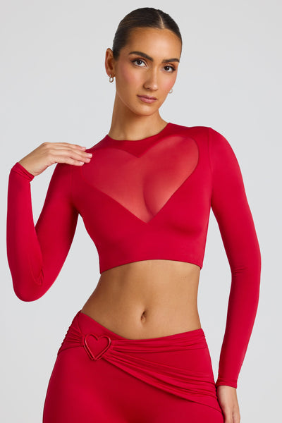 Sheer Panelled Long Sleeve Crop Top in Fire Red