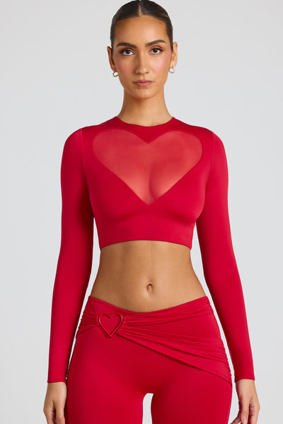 Sheer Panelled Long Sleeve Crop Top in Fire Red