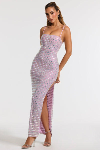 Embellished Square Neck Evening Gown in Lilac