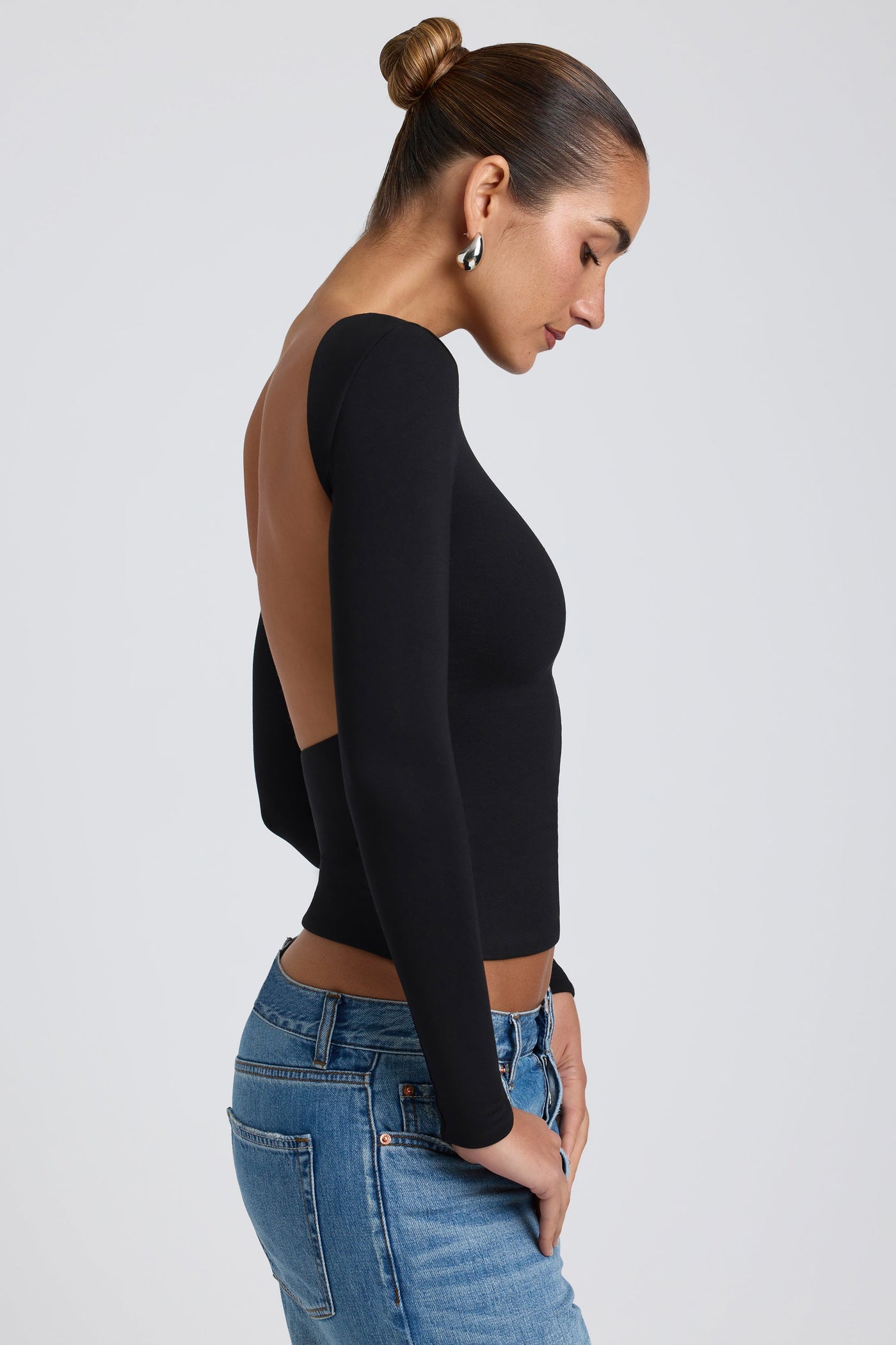 Modal High Neck Long Sleeve Open Back Top in Black