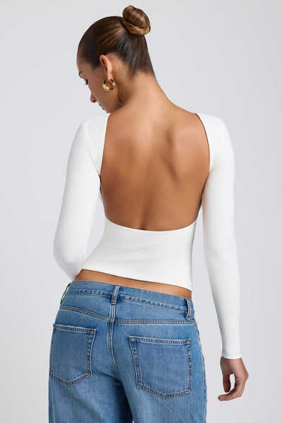 Modal High Neck Long Sleeve Open Back Top in White