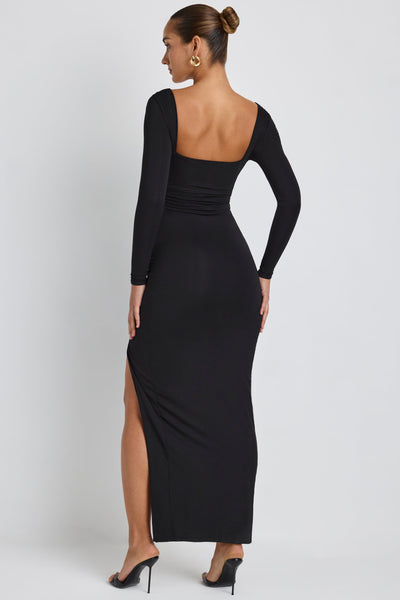 Modal Plunge Neck Long Sleeve Maxi Dress in Black