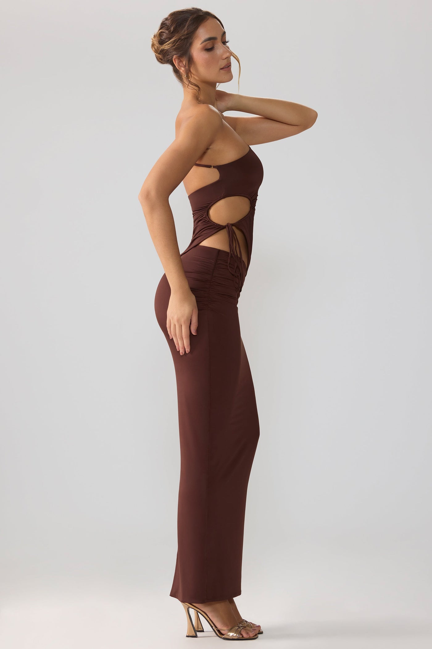 Slinky Jersey Asymmetric Waist Maxi Skirt in Espresso