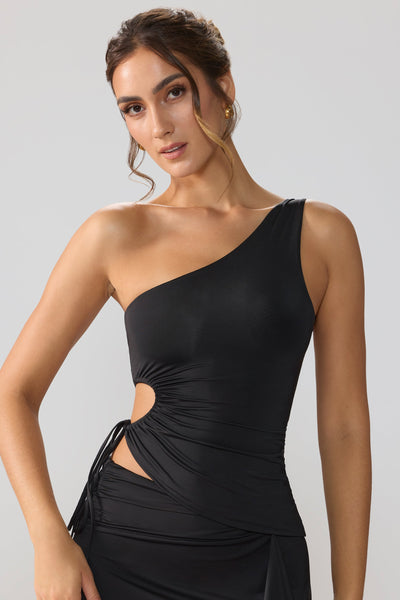 Slinky Jersey Ruched Cut Out One Shoulder Top in Black