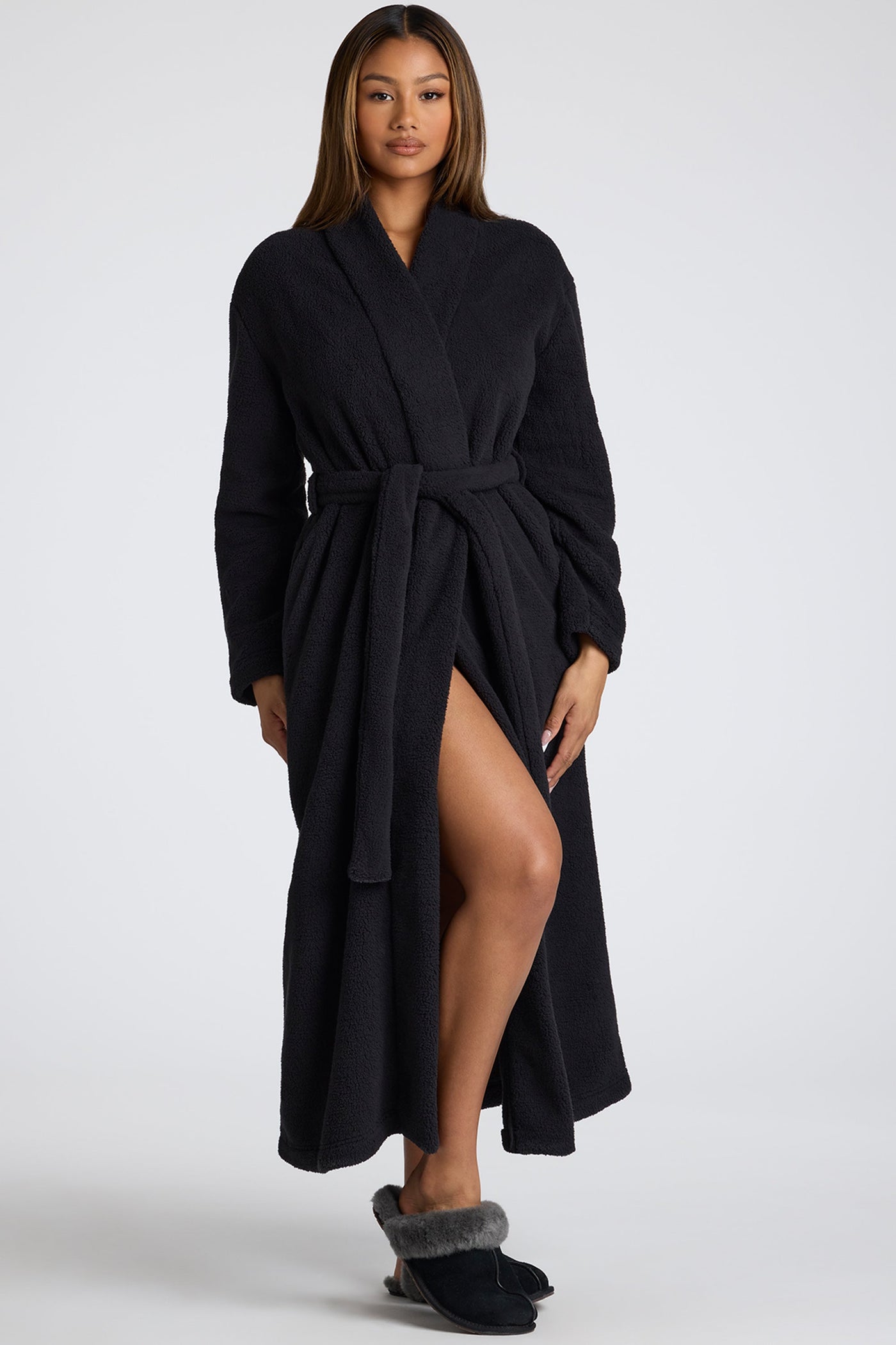 Tie Front Fleece Robe in Black