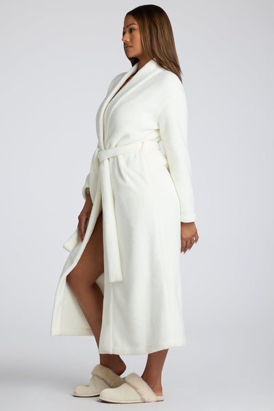 Tie Front Fleece Robe in White