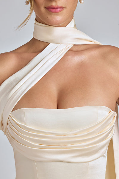 Draped Halterneck Satin Mini Dress in Ivory