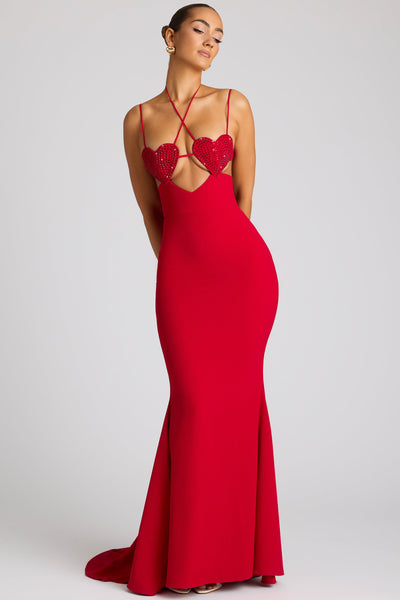 Embellished Heart Cup Detail Evening Gown in Fire Red