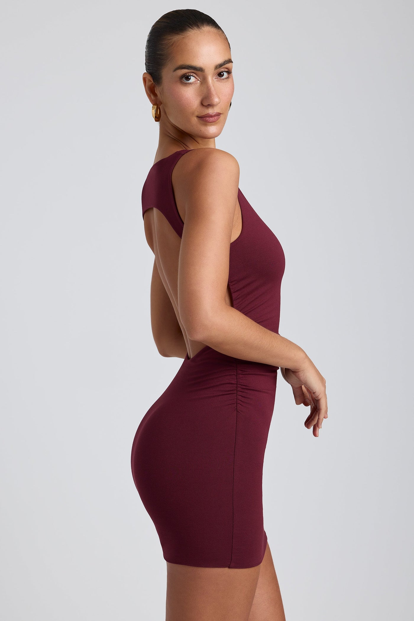 Modal High-Neck Open-Back Mini Dress in Plum