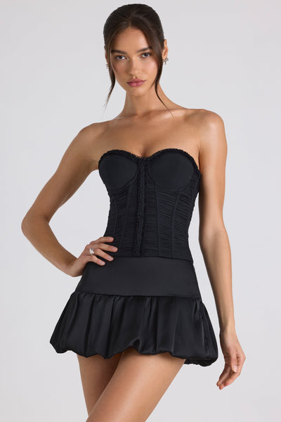 Ruched Lace-Up Strapless Corset Top in Black