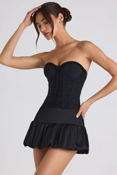 Ruched Lace-Up Strapless Corset Top in Black