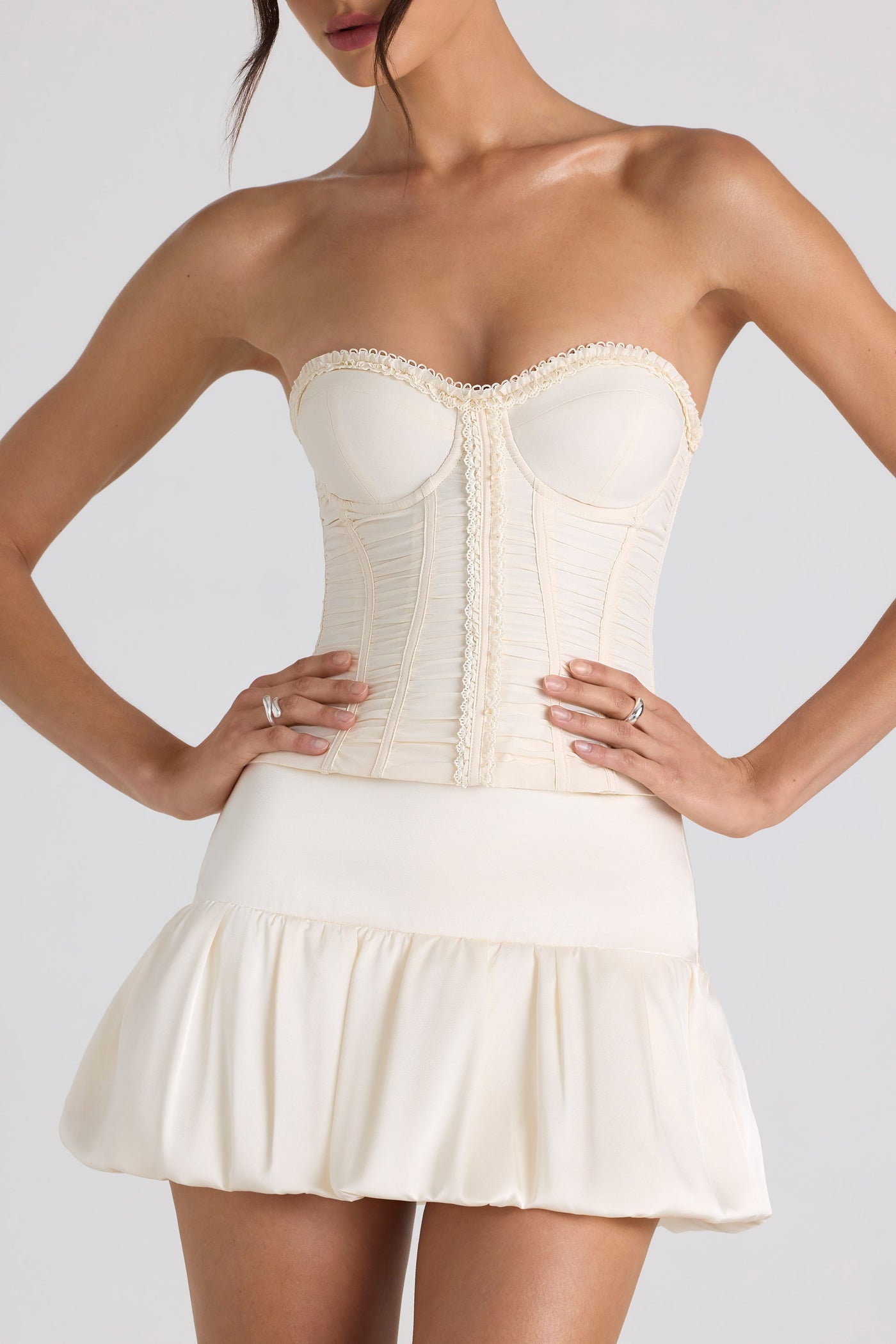 Ruched Lace-Up Strapless Corset Top in Ivory