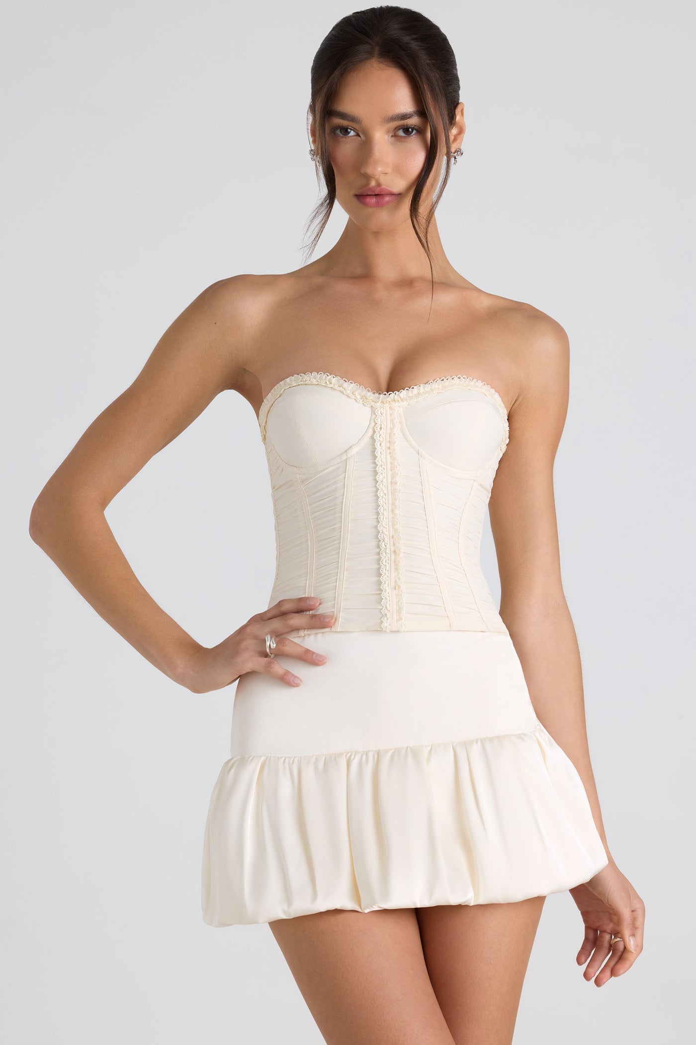 Ruched Lace-Up Strapless Corset Top in Ivory