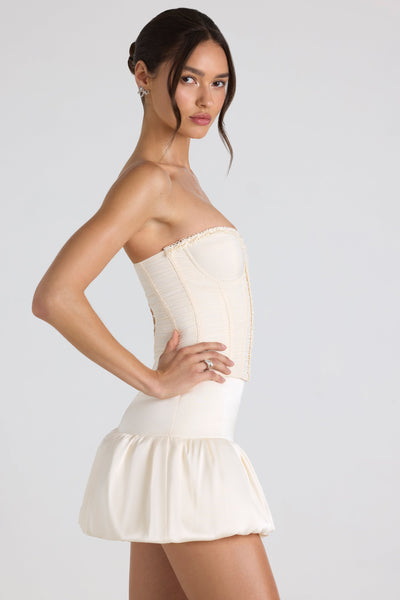 Ruched Lace-Up Strapless Corset Top in Ivory