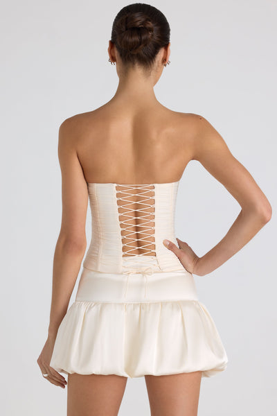 Ruched Lace-Up Strapless Corset Top in Ivory