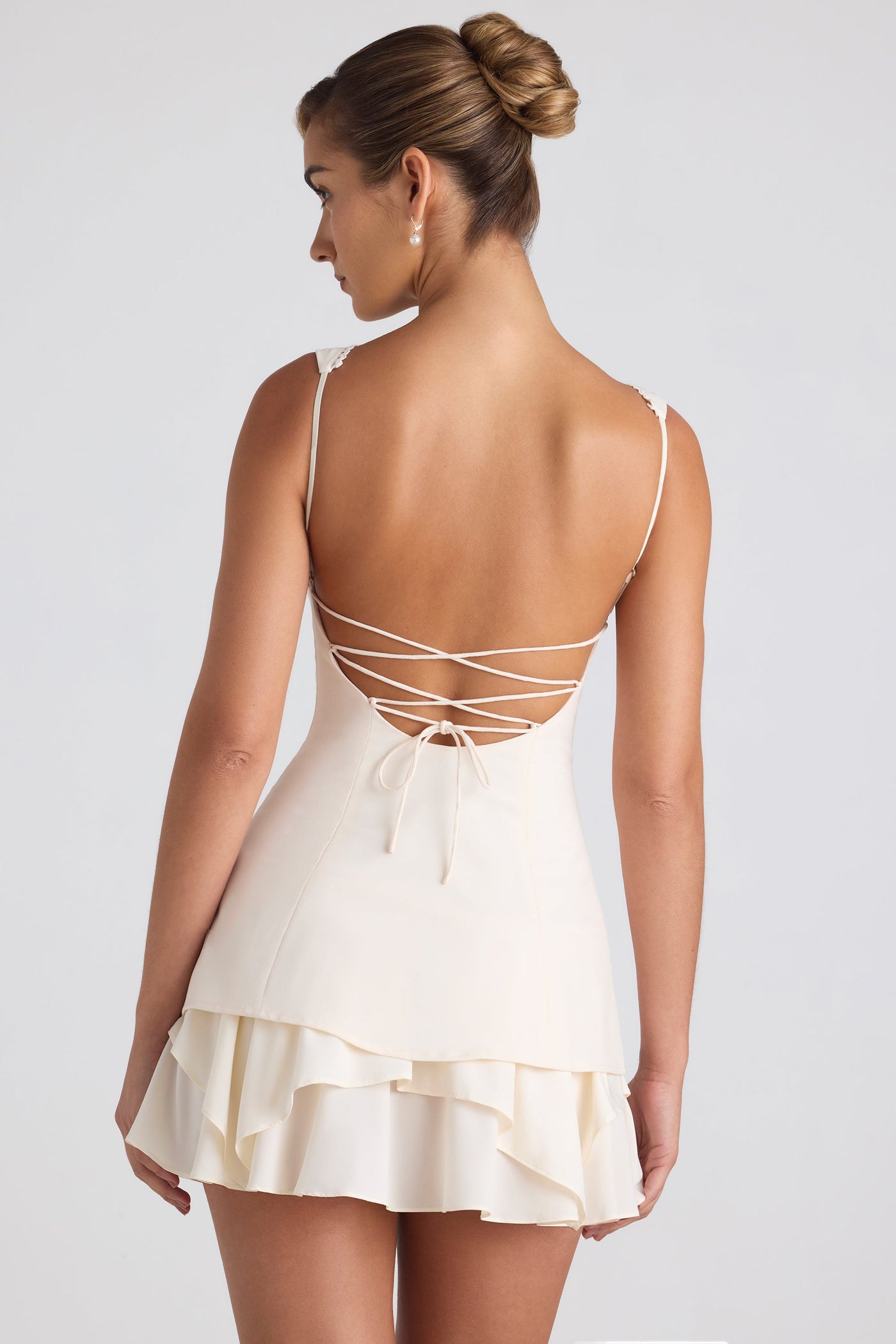 Ruffle-Trim Button-Detail Corset Mini Dress in Ivory