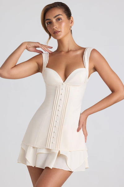 Ruffle-Trim Button-Detail Corset Mini Dress in Ivory