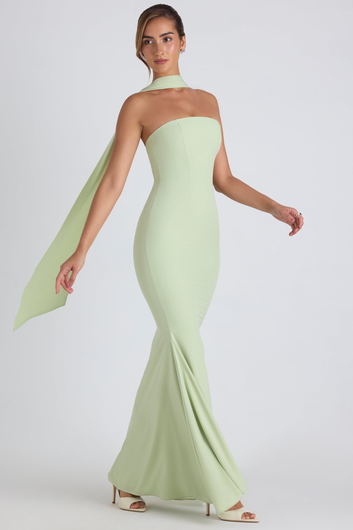 Scarf-Detail Strapless Gown in Spring Green