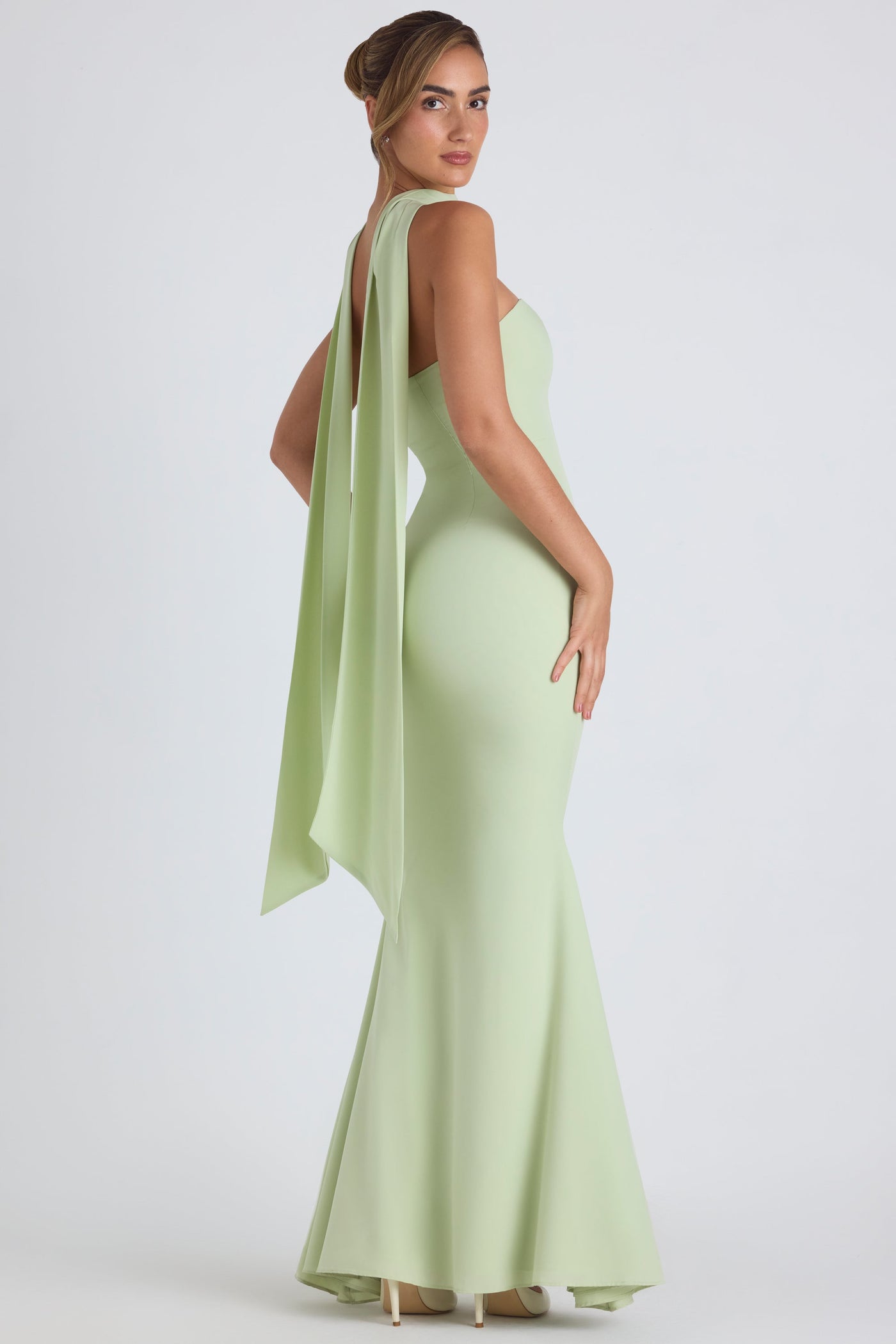 Scarf-Detail Strapless Gown in Spring Green