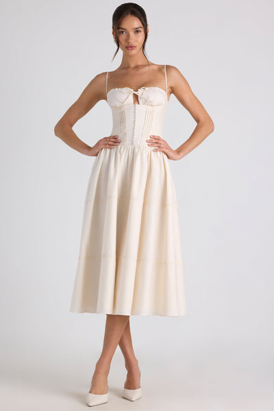 Lace-Trim Pintucked Poplin Midaxi Dress in Ivory