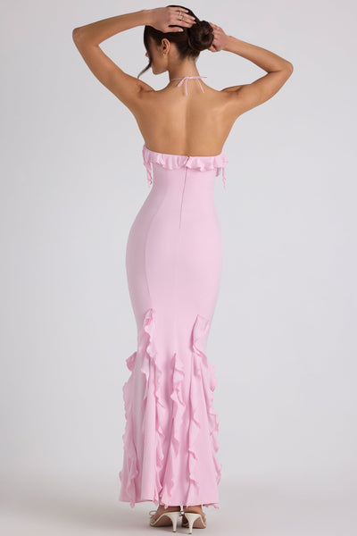 Ruffle-Trim Halterneck Gown in Soft Pink