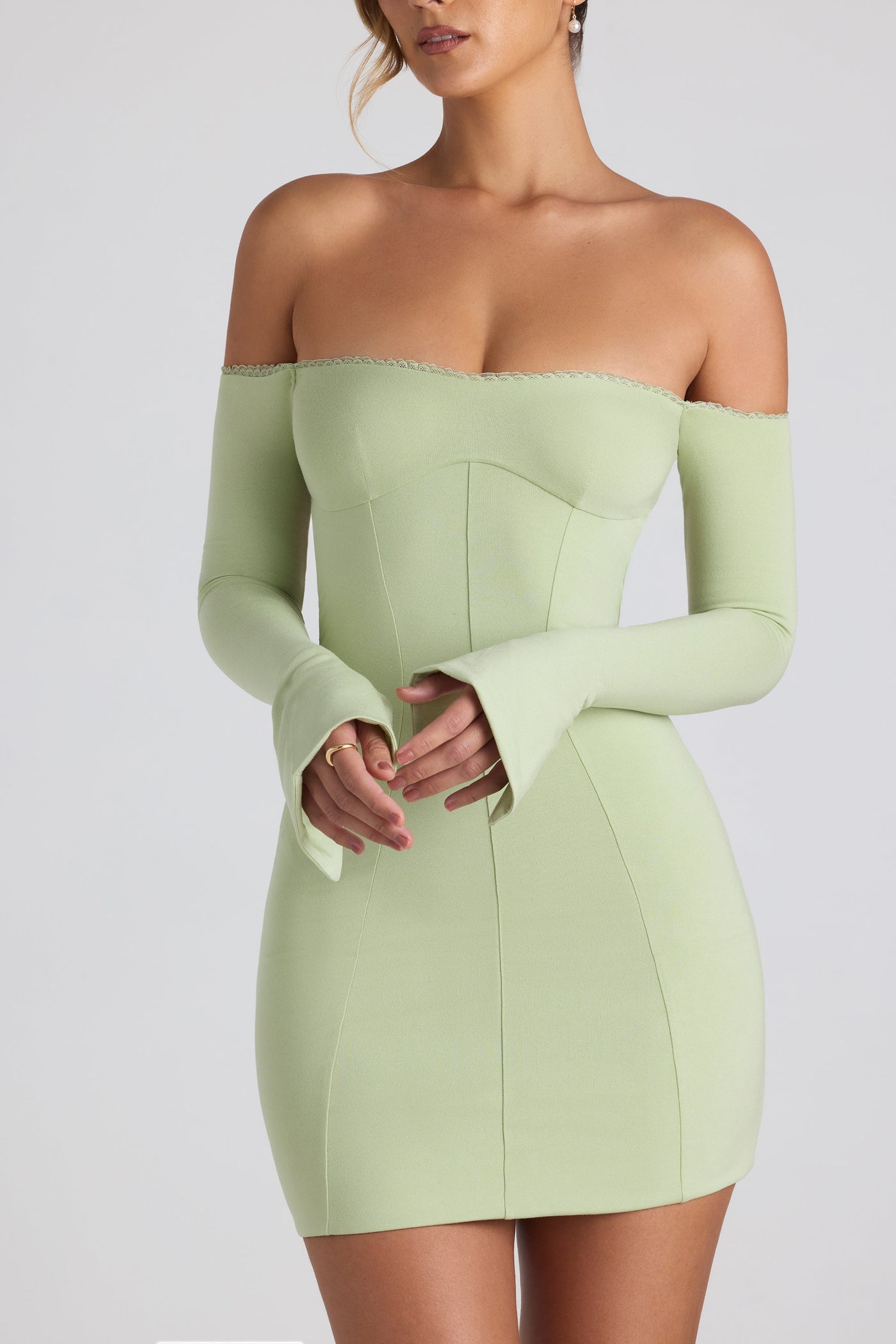 Modal Off-Shoulder Lace-Trim Mini Dress in Spring Green