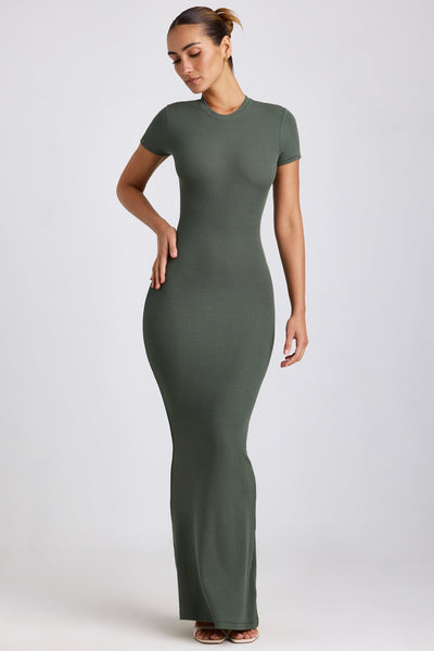 Ribbed Modal Maxi Dress in Khaki Green