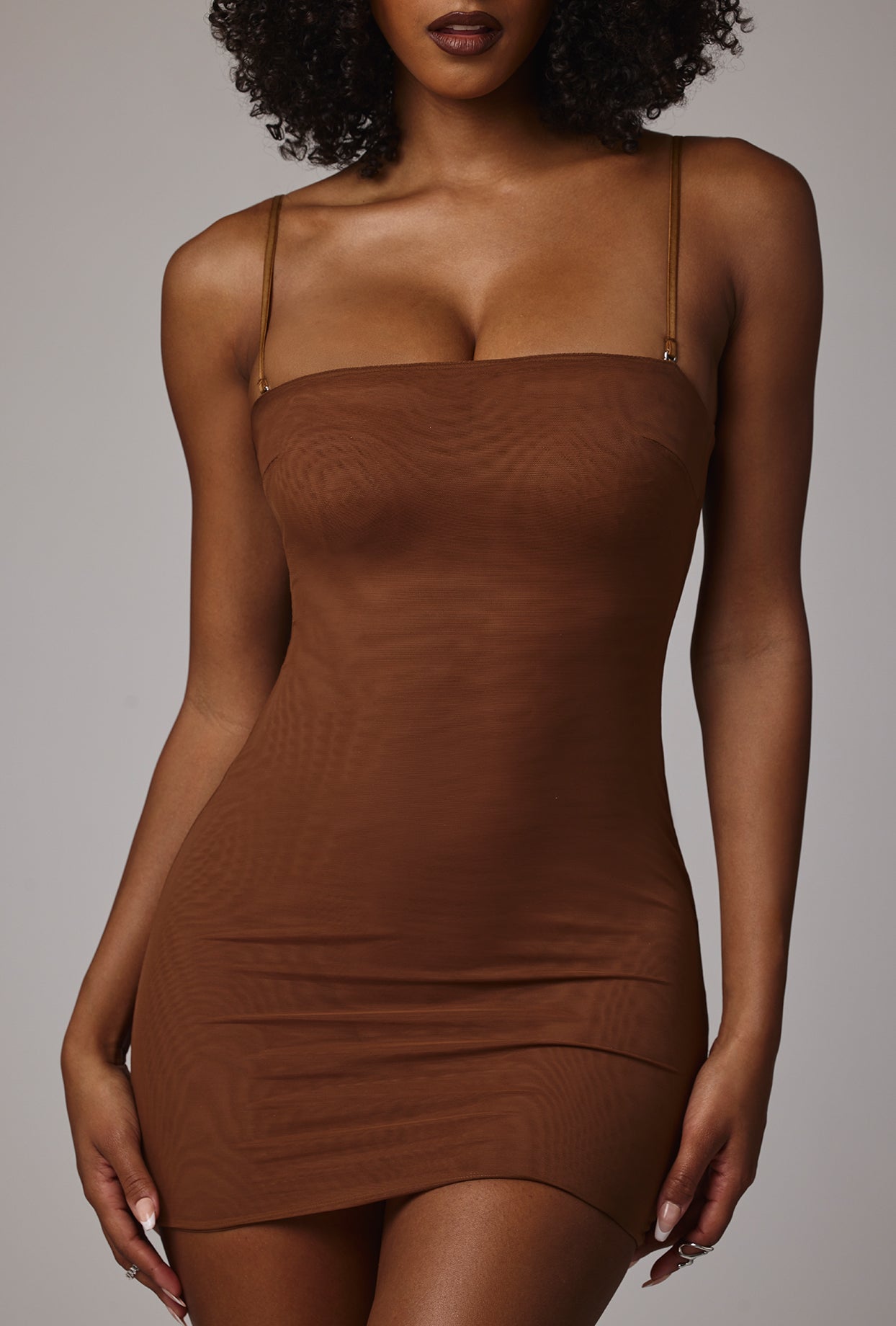 Soft Mesh Mini Slip Dress in Mocha