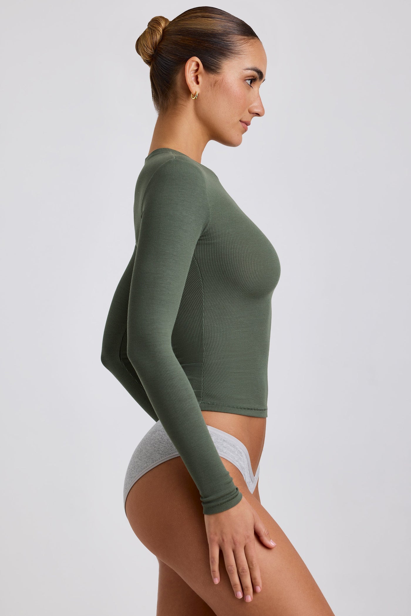 Ribbed Modal Crew Neck Top in Khaki Green