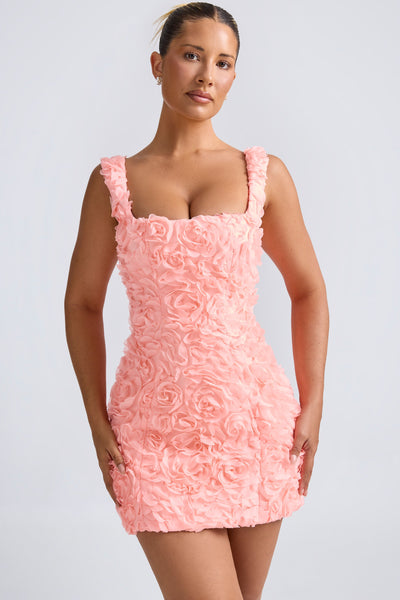 Floral-Appliqué Corset Mini Dress in Coral